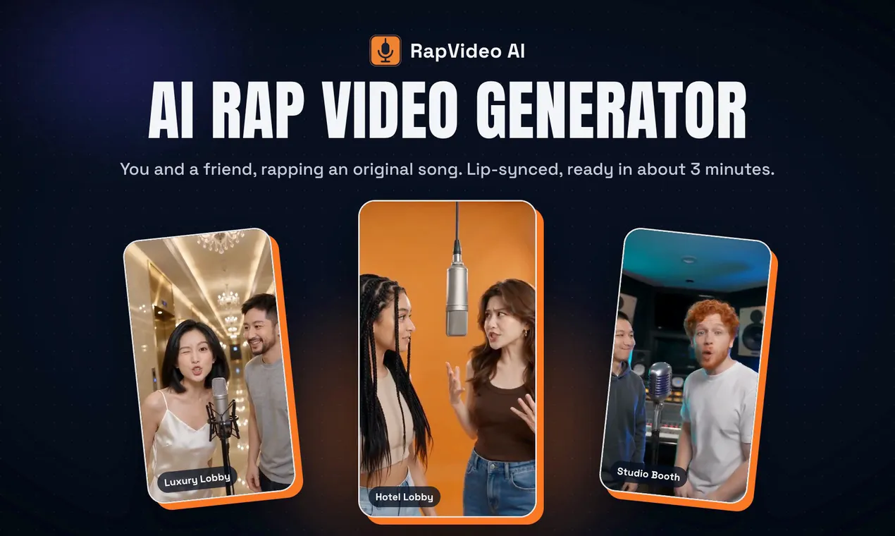 RapVideo AI promo image: duo rap videos on the Luxury Lobby, Hotel Lobby and Studio Booth stages