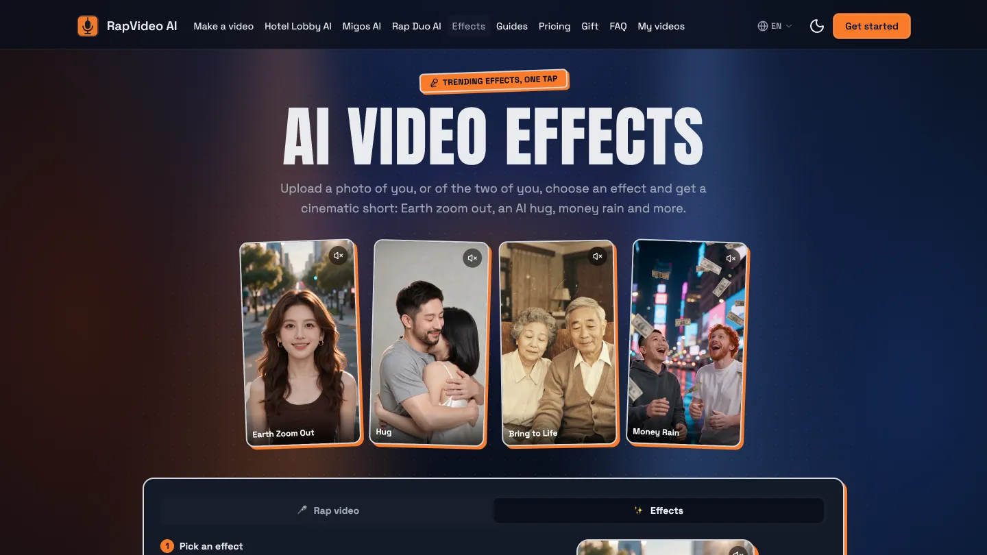 RapVideo AI video effects: Earth Zoom Out, Hug, Bring to Life, Money Rain