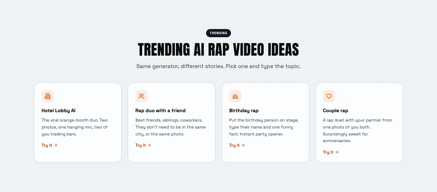 RapVideo AI trending ideas: Hotel Lobby AI, rap duo with a friend, birthday rap, couple rap